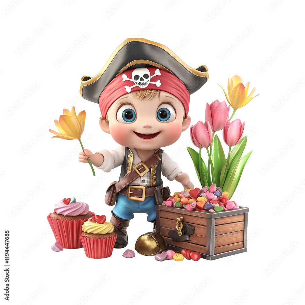 Naklejka premium Adorable Pirate Baby with Treasure Chest, Cupcakes, and Tulips
