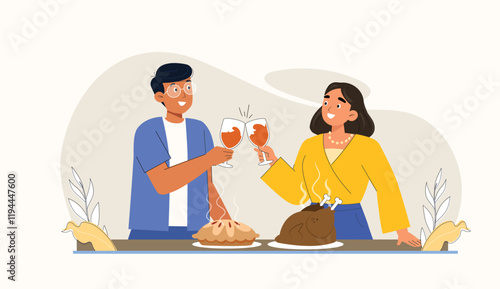 A joyful Thanksgiving dinner scene with a couple toasting to gratitude and togetherness, celebrating a heartfelt moment of thanks.