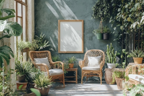 Serene Greenhouse With Rattan Chairs And Lush Plants
