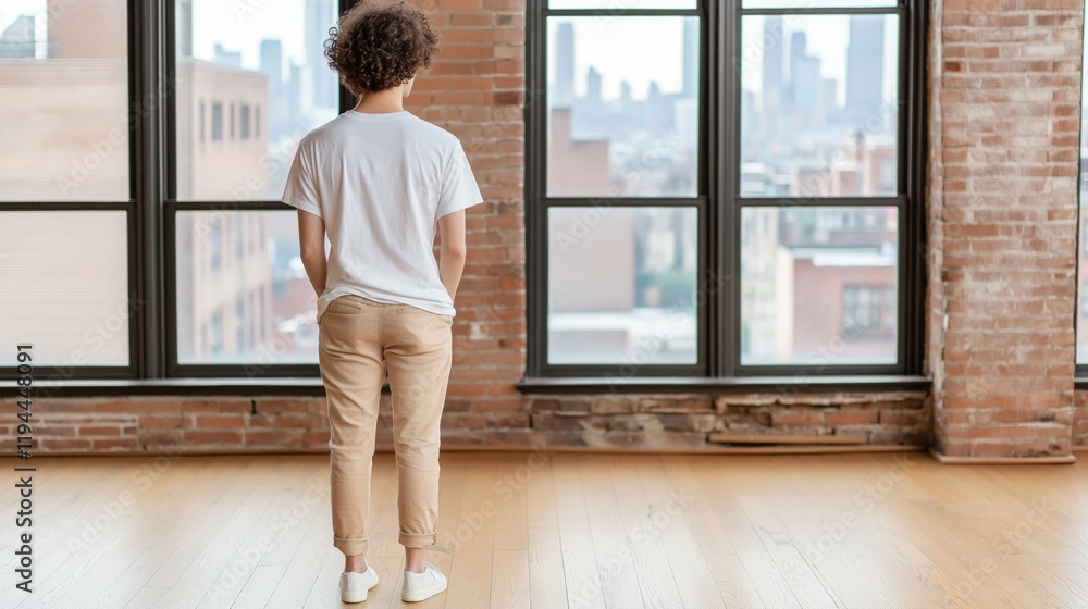 young individual stands with hands in pockets, looking through expansive windows in a stylish loft young individual stands with hands in pockets, looking through expansive windows in a stylish loft
