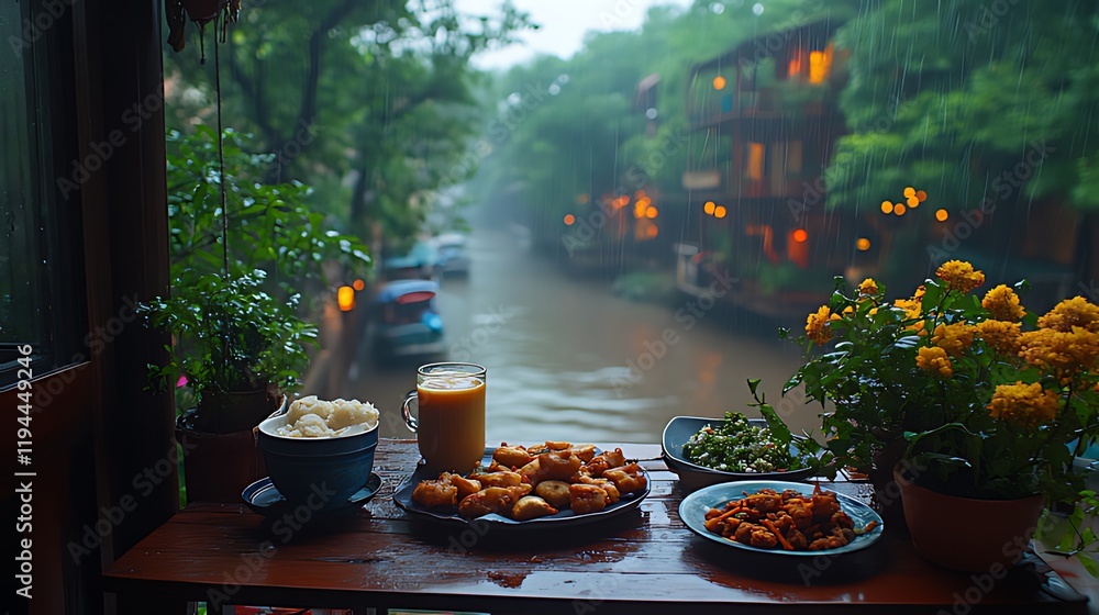 Fototapeta premium Rainy canal-side dining, Asian food, city view