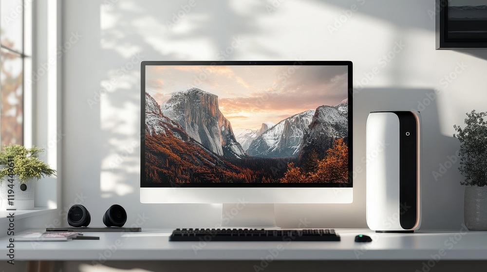 Fototapeta premium Creative workspace inspiration nature views from home office digital art bright environment cozy atmosphere