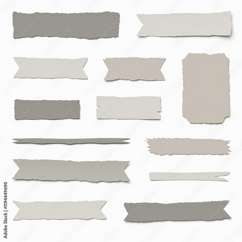 A collection of torn paper strips in various shades of gray, beige, and off-white, perfect for digital design and scrapbooking projects. A collection of torn paper strips in various shades of gray, beige, and off-white, perfect for digital design and scrapbooking projects.
