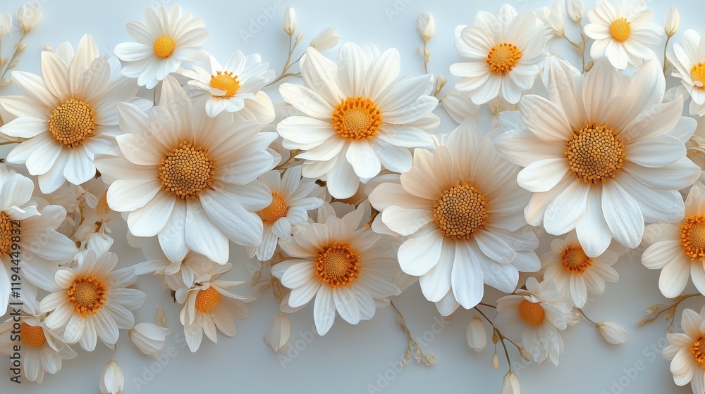 Obraz premium Blooming white daisies on light background with soft petals