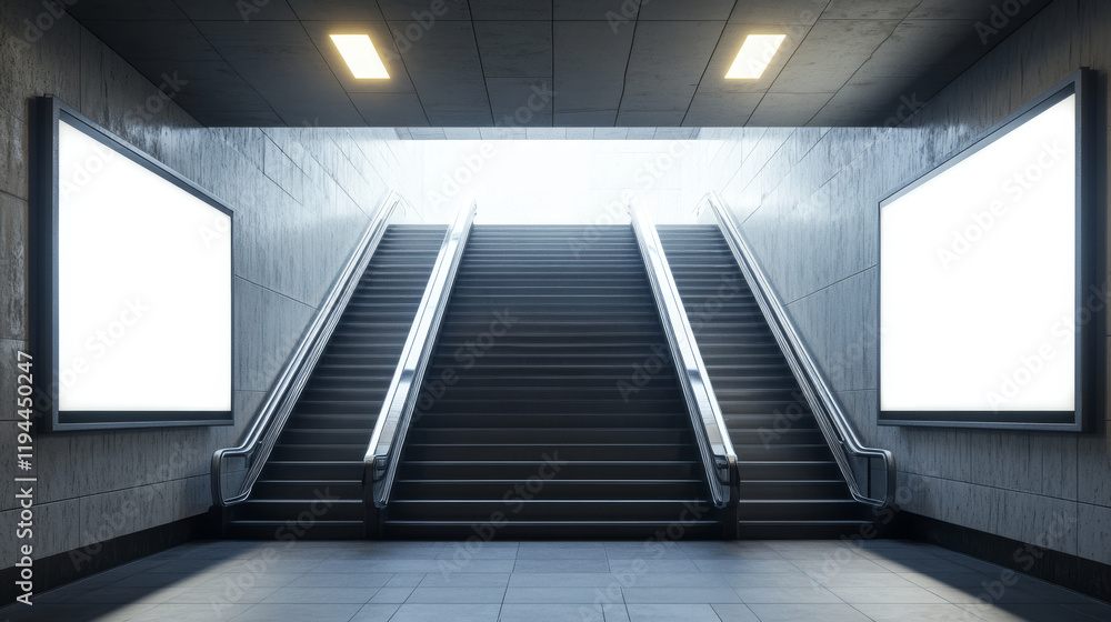 Fototapeta premium 3d stairs going to light and empty white LCD screens for advertising on walls. Exit from underground or subway, staircase construction, ladder building architecture, Realistic vector illustration