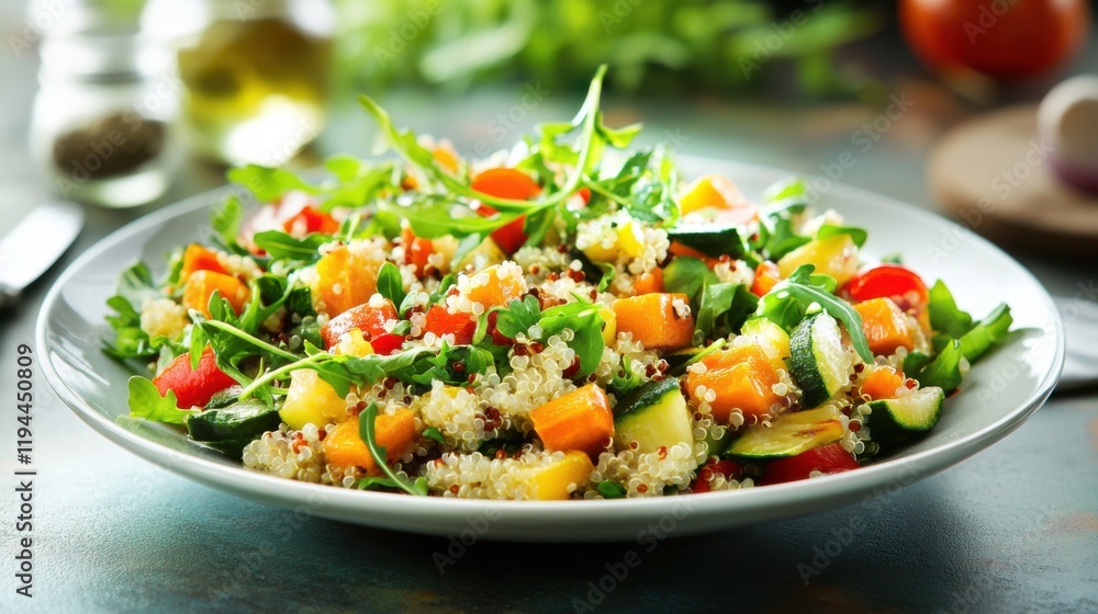 A beautifully plated quinoa salad with roasted vegetables, featuring a mix of colorful veggies and a light vinaigrette, promoting balanced and tasty meals A beautifully plated quinoa salad with roasted vegetables, featuring a mix of colorful veggies and a light vinaigrette, promoting balanced and tasty meals