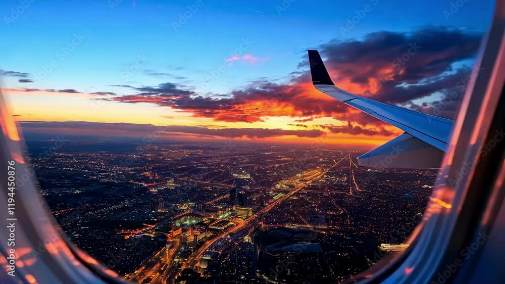 Dramatic view of cityscape illuminated under dark clouds during sunset seen through airplane window. Dramatic view of cityscape illuminated under dark clouds during sunset seen through airplane window.