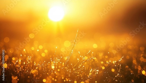 A serene sunrise casting golden light on dew-kissed grass.