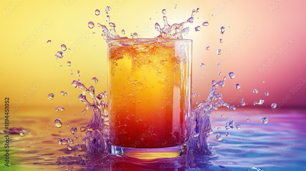 Vibrant splash of colorful fruit juice in glass with dynamic water droplets Vibrant splash of colorful fruit juice in glass with dynamic water droplets
