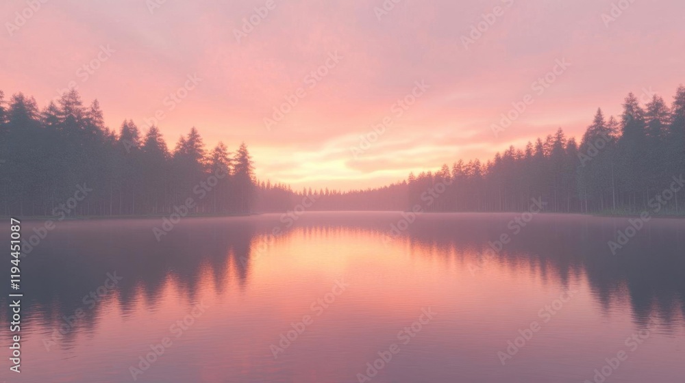 Fototapeta premium Serene lake at sunset surrounded by trees, reflecting soft colors.