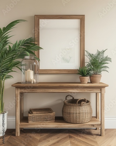 Wooden Console Table Decorated With Plants And Basket