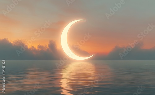 Fototapeta Naklejka Na Ścianę i Meble -  White, glowing crescent moon with a halo and fog on the calm sea surface against a sunset sky background. This nature scene evokes an abstract concept of a new beginning, spring or summer season, 