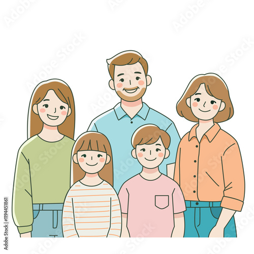 Happy family. Father, mother, son and daughter together. Vector illustration of a flat design