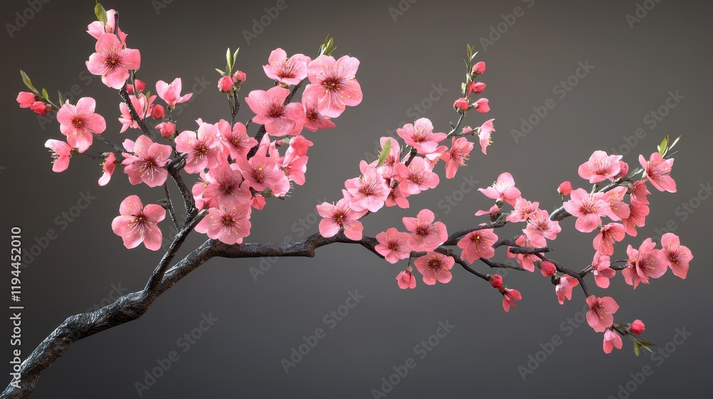Elegant pink cherry blossoms on branch against neutral background Elegant pink cherry blossoms on branch against neutral background