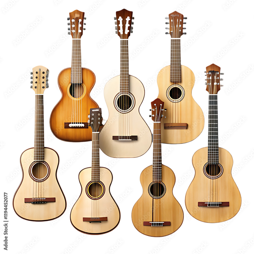 Obraz premium Six Classic Wooden Acoustic Guitars Musical Instruments set song folk band dark brown 