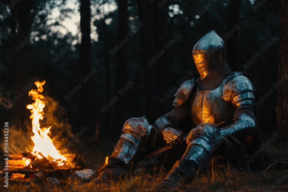 Medieval knight resting campfire forest night Medieval knight resting campfire forest night