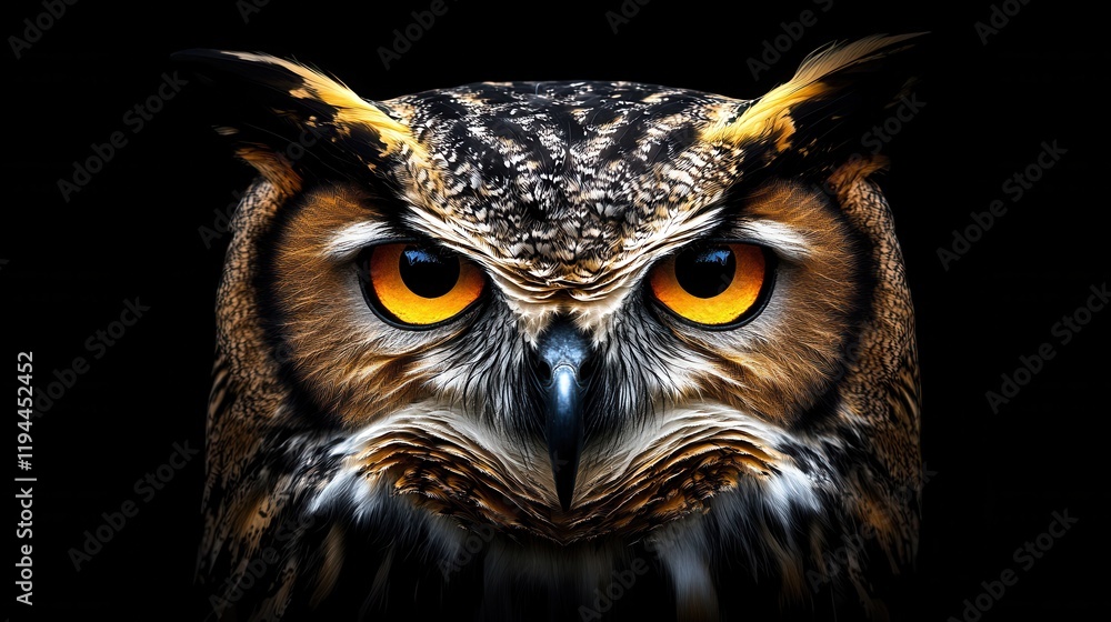 Obraz premium Majestic close-up of a great horned owl with intense amber eyes on a black background
