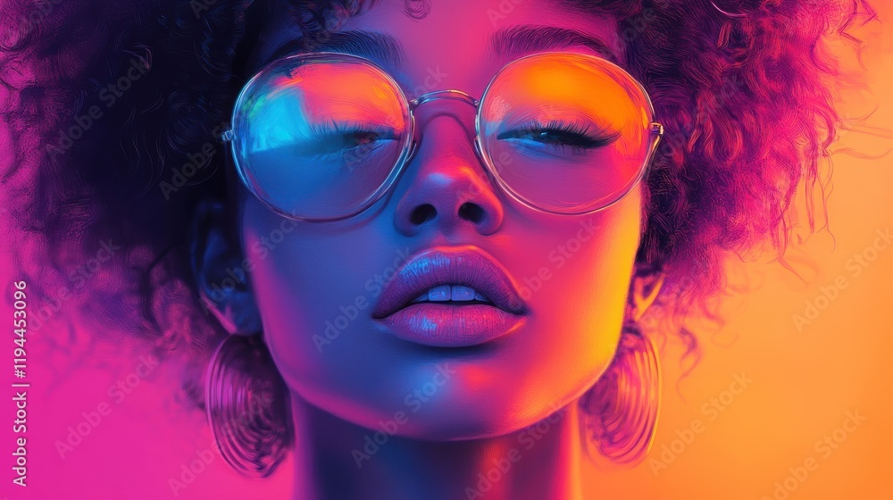 Vibrant portrait of young female with glasses in neon lighting Vibrant portrait of young female with glasses in neon lighting
