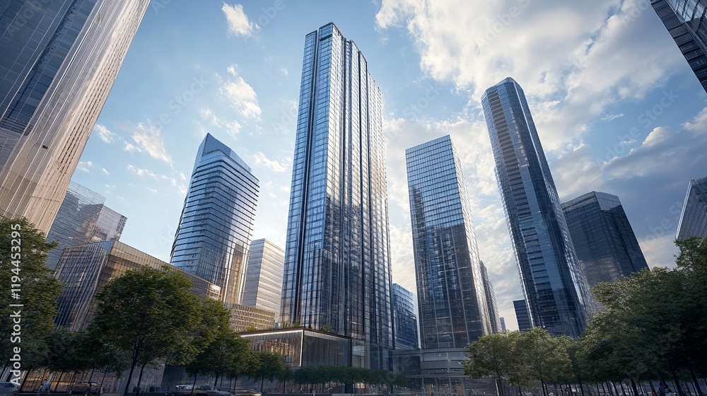 Fototapeta premium This image captures the grandeur of London's modern architecture, showcasing towering buildings reaching towards the sky. It emphasizes the scale and impressiveness of the city's urban landscape.