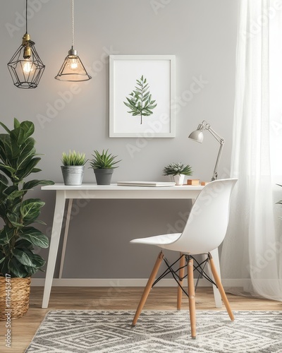 Modern Home Office Workspace With Plants And Lighting