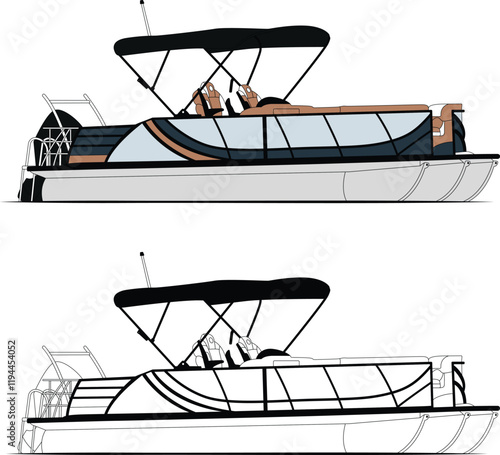 Pontoon boat vector line art illustration and one color	