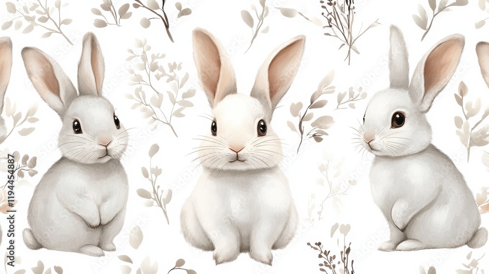 Fototapeta premium Funny bunny seamless pattern. Rabbits cartoon textile print, cute bunnies wallpaper. Pretty cartoon wild animals characters for kids, vector background