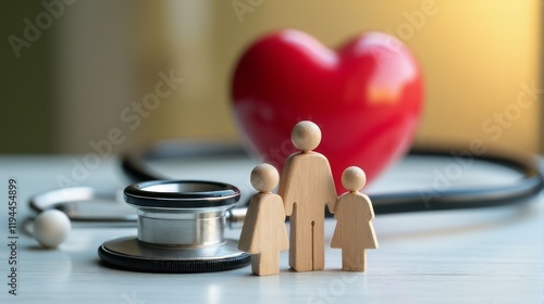 Stethoscope Wrapped Around Wooden Figurines Representing a Family, with a Red Heart in the Background.