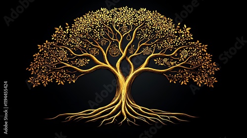 Golden Tree of Life, dark background, prosperity symbol