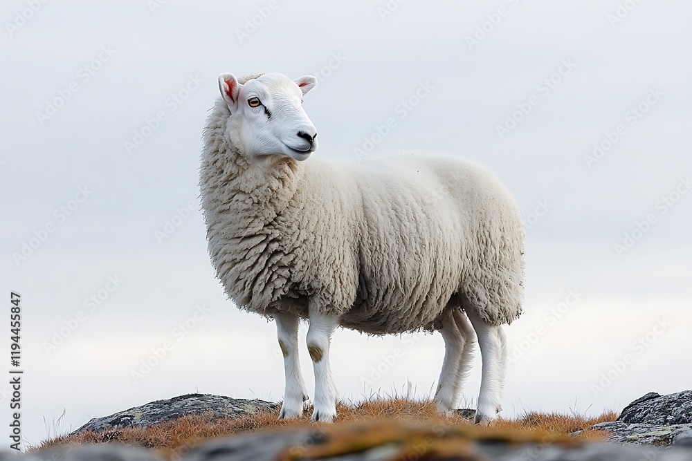 A lone white sheep stands on rocky terrain A lone white sheep stands on rocky terrain