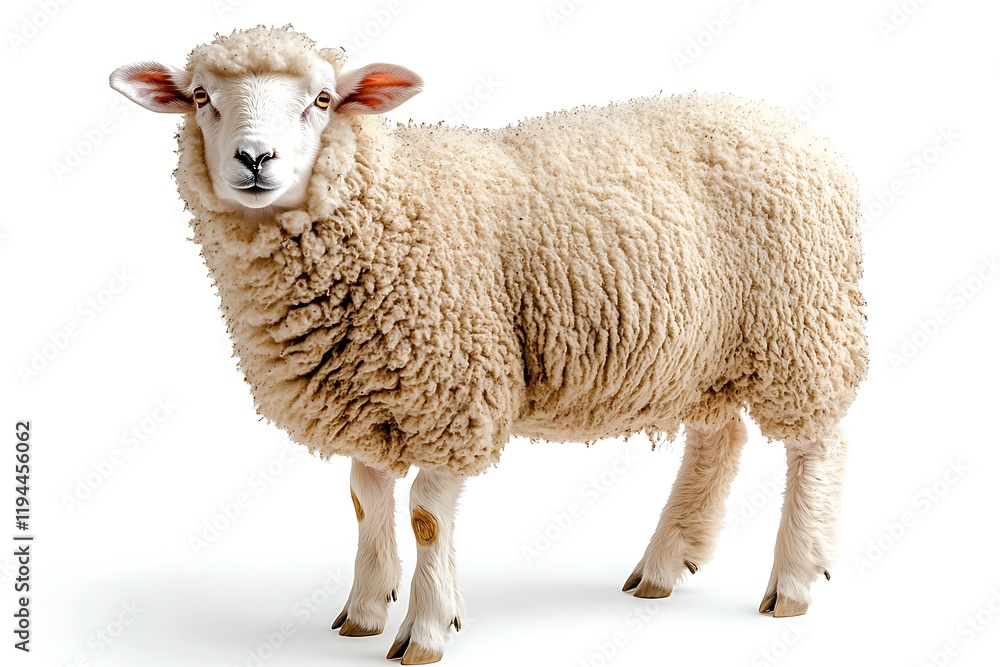 A Fluffy Sheep Stands Against A White Background A Fluffy Sheep Stands Against A White Background
