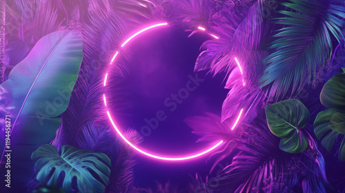 Fototapeta Naklejka Na Ścianę i Meble -  Summer party dark purple and pink banner template with tropic leaves and neon glow circle frame. Realistic vector bright background with exotic tropical plant foliage and fluorescent round border.
