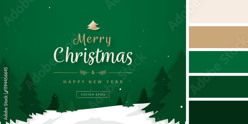 Green Christmas background with pine trees in snow forest and greeting text, including color palette, vector design