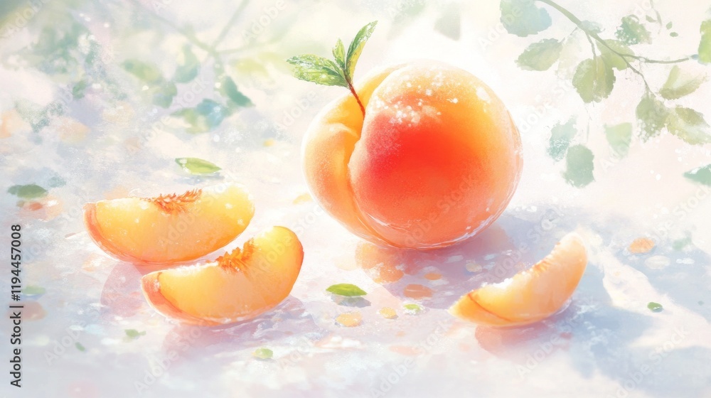 A whole peach sits invitingly, its skin glowing with warm hues, while delicate slices are fanned out around it, adding a touch of elegance to the tranquil setting A whole peach sits invitingly, its skin glowing with warm hues, while delicate slices are fanned out around it, adding a touch of elegance to the tranquil setting