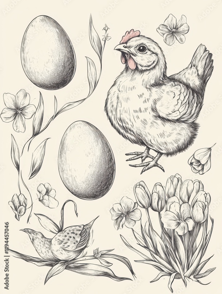 custom made wallpaper toronto digitalEggs and chicken. Vintage easter sketch. Hand drawn rustic chicks, bunny. Spring blooming tulips, festive elements. Farm products vector set