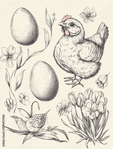 Wallpaper Mural Eggs and chicken. Vintage easter sketch. Hand drawn rustic chicks, bunny. Spring blooming tulips, festive elements. Farm products vector set Torontodigital.ca