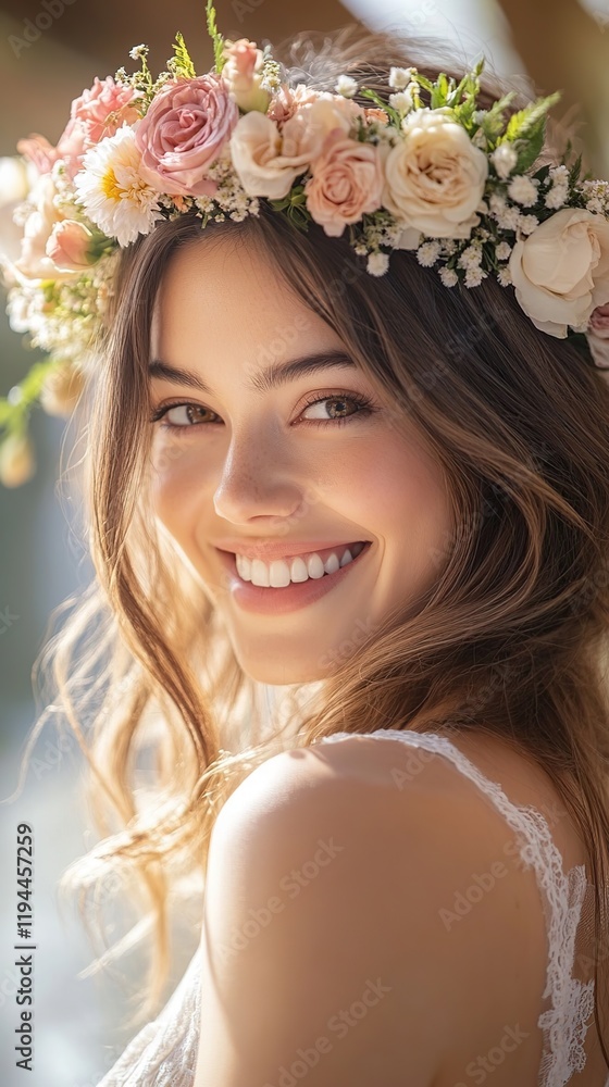 Naklejka premium Portrait of a smiling woman with a flower crown on her head