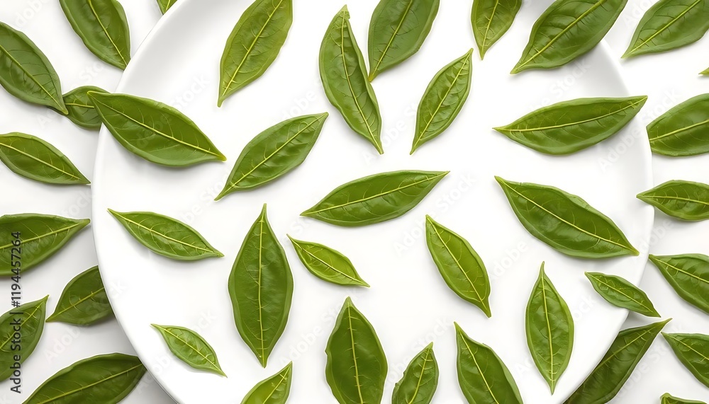 Green Leaves Arranged on White Plate: A Serene Minimalist Composition Green Leaves Arranged on White Plate: A Serene Minimalist Composition