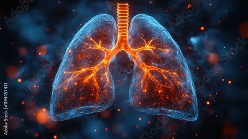 Vibrant 3D illustration of human lungs with glowing veins against a dark, abstract background