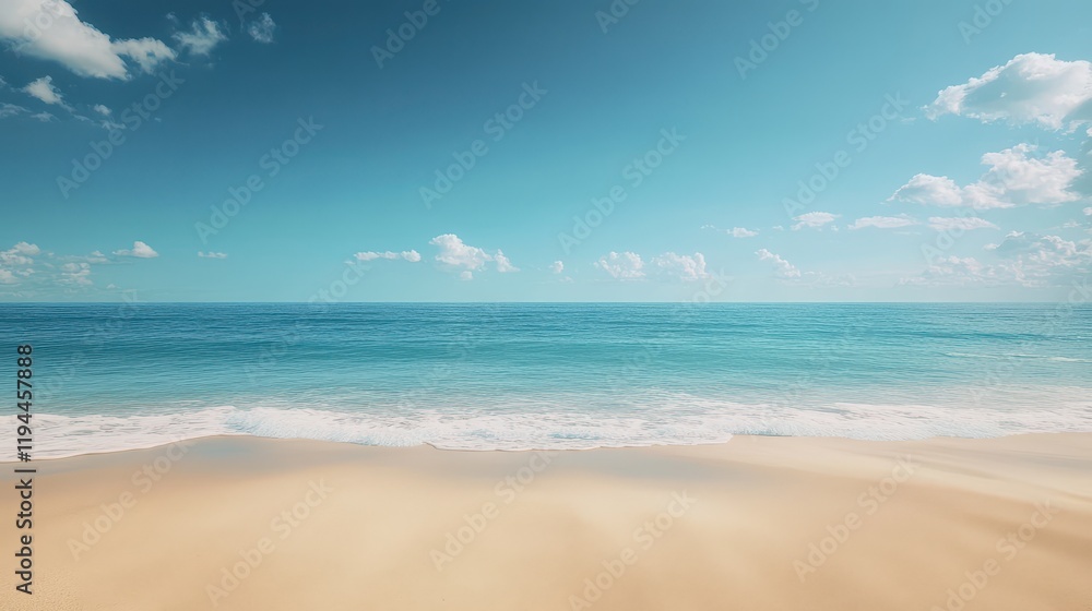 Serene sandy beach under clear blue sky with gentle waves Serene sandy beach under clear blue sky with gentle waves