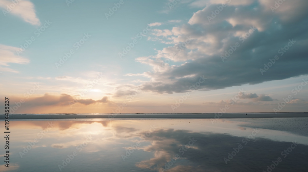 Fototapeta premium Sunset scene in lake of Orient in Aube, France beautiful view of sea and sky in the morning, natural background