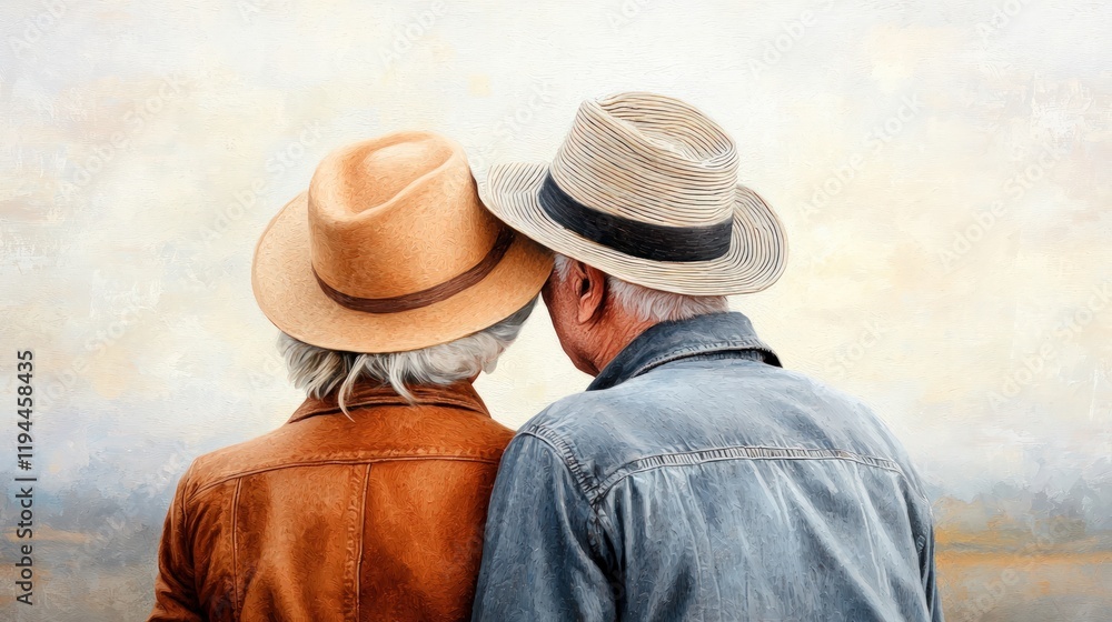 A touching depiction of an elderly couple, wearing hats, enjoying a serene moment together while looking at a distant horizon. A touching depiction of an elderly couple, wearing hats, enjoying a serene moment together while looking at a distant horizon.