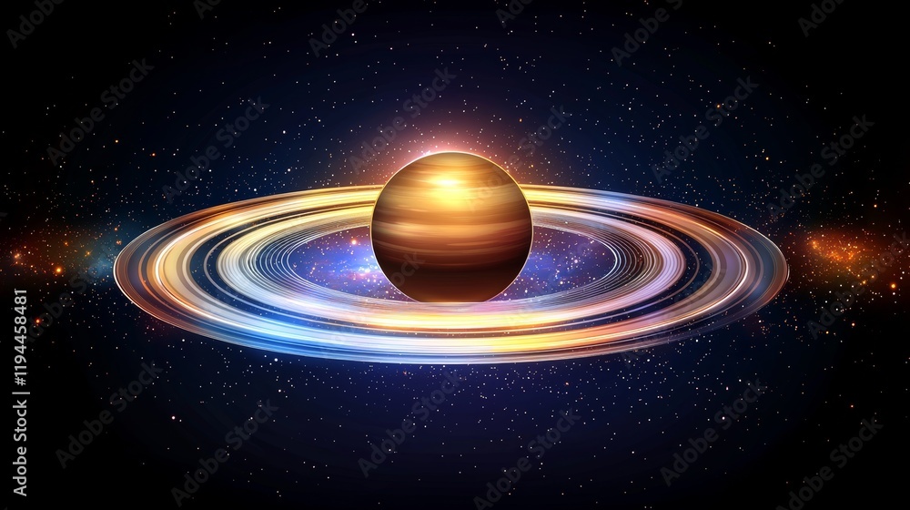 Fototapeta premium Futuristic Planet with Glowing Rings in Space - Celestial Digital Art Masterpiece