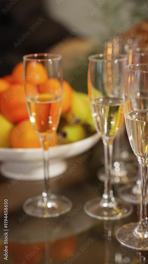 Close-up of hand with silver ring holding champagne glass surrounded by several glasses and bowl of oranges and bananas in festive setting. Close-up of hand with silver ring holding champagne glass surrounded by several glasses and bowl of oranges and bananas in festive setting.