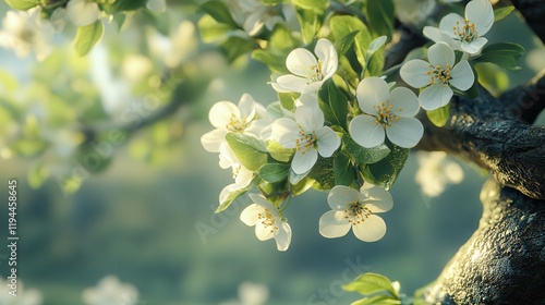 Blossoming apple tree branch in sunlit garden