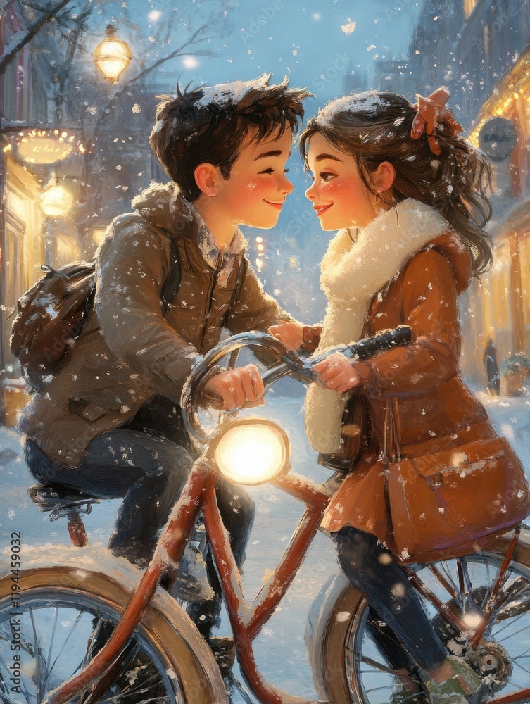Obraz premium Valentine's day, boy and girl on a date on a bicycle