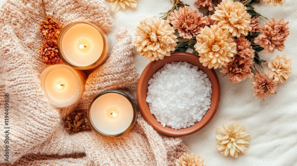 Relaxing Spa Setup with Candles, Flowers, and Bath Salts for a Calming Bath Experience Relaxing Spa Setup with Candles, Flowers, and Bath Salts for a Calming Bath Experience