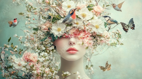 Dreamlike portrait of a young woman with floral headpiece and birds in a whimsical setting