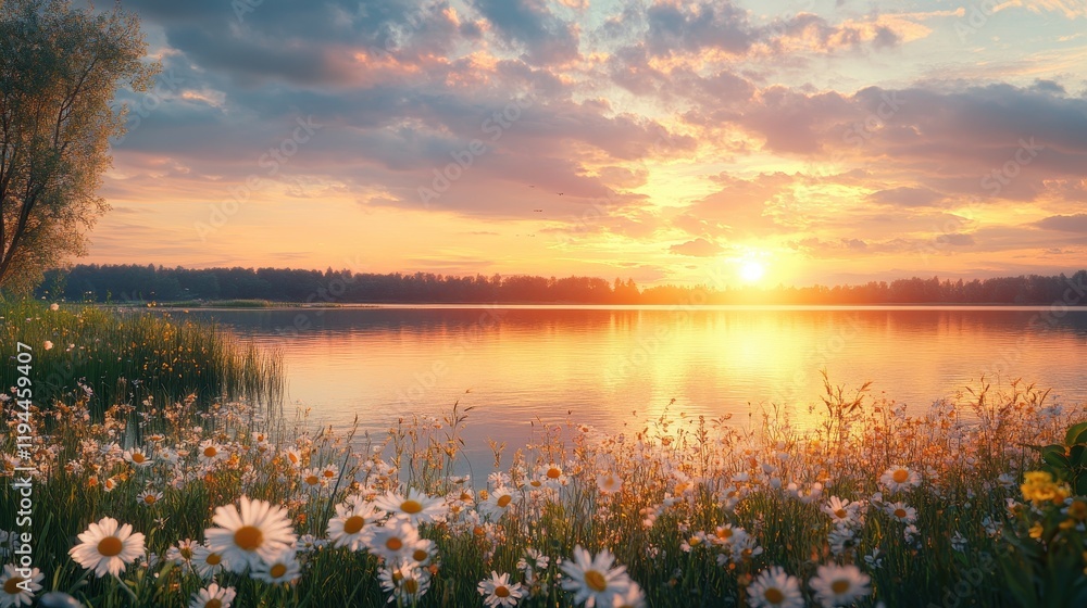 Obraz premium Tranquil sunset over lake with wildflower meadow and colorful sky reflections