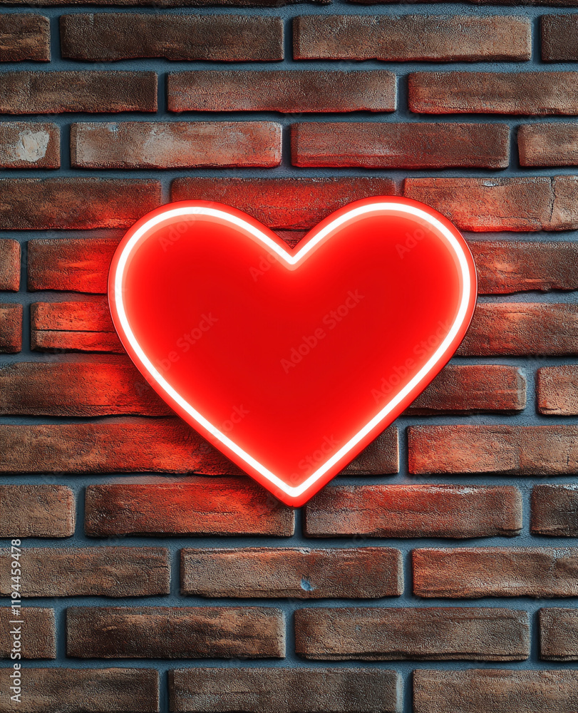 Glowing red neon heart on a brick wall - Perfect for romantic ambiance or urban-themed designs Glowing red neon heart on a brick wall - Perfect for romantic ambiance or urban-themed designs