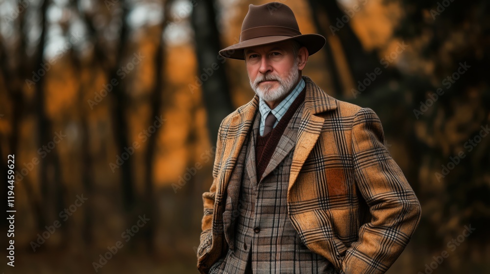 The warm tones of a brown hat and the intricate pattern of a plaid overcoat make the man’s vintage look both distinctive and refined. The warm tones of a brown hat and the intricate pattern of a plaid overcoat make the man’s vintage look both distinctive and refined.
